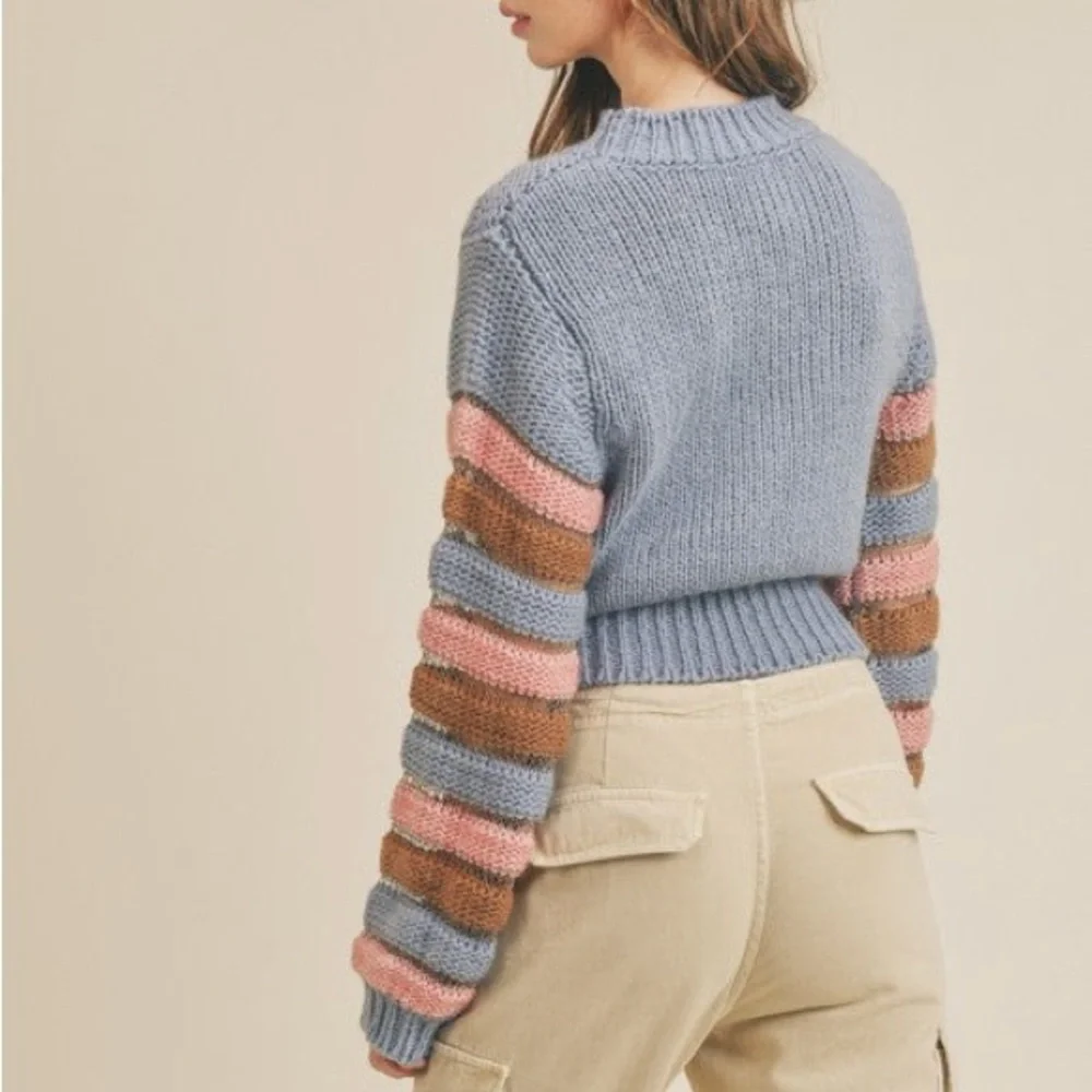 Lush Clothing Blue Sweater With Striped Sleeves